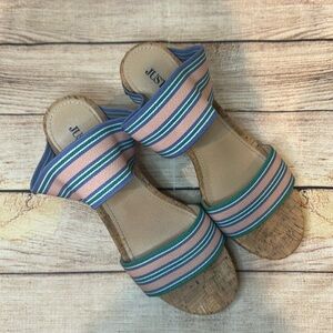 JustFab Stretchy Elastic Straps Blue and Pink Striped Wedges Size 8